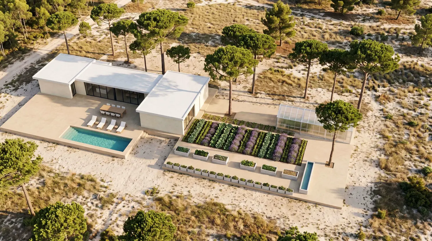 Render aéreo del conjunto con la casa, la piscina, la huerta y el invernadero.