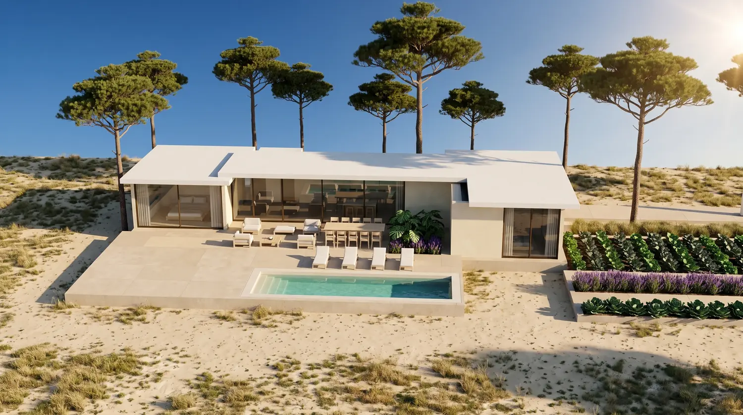 Render de la casa vista desde el noreste, con la terraza y la piscina en primer plano.
