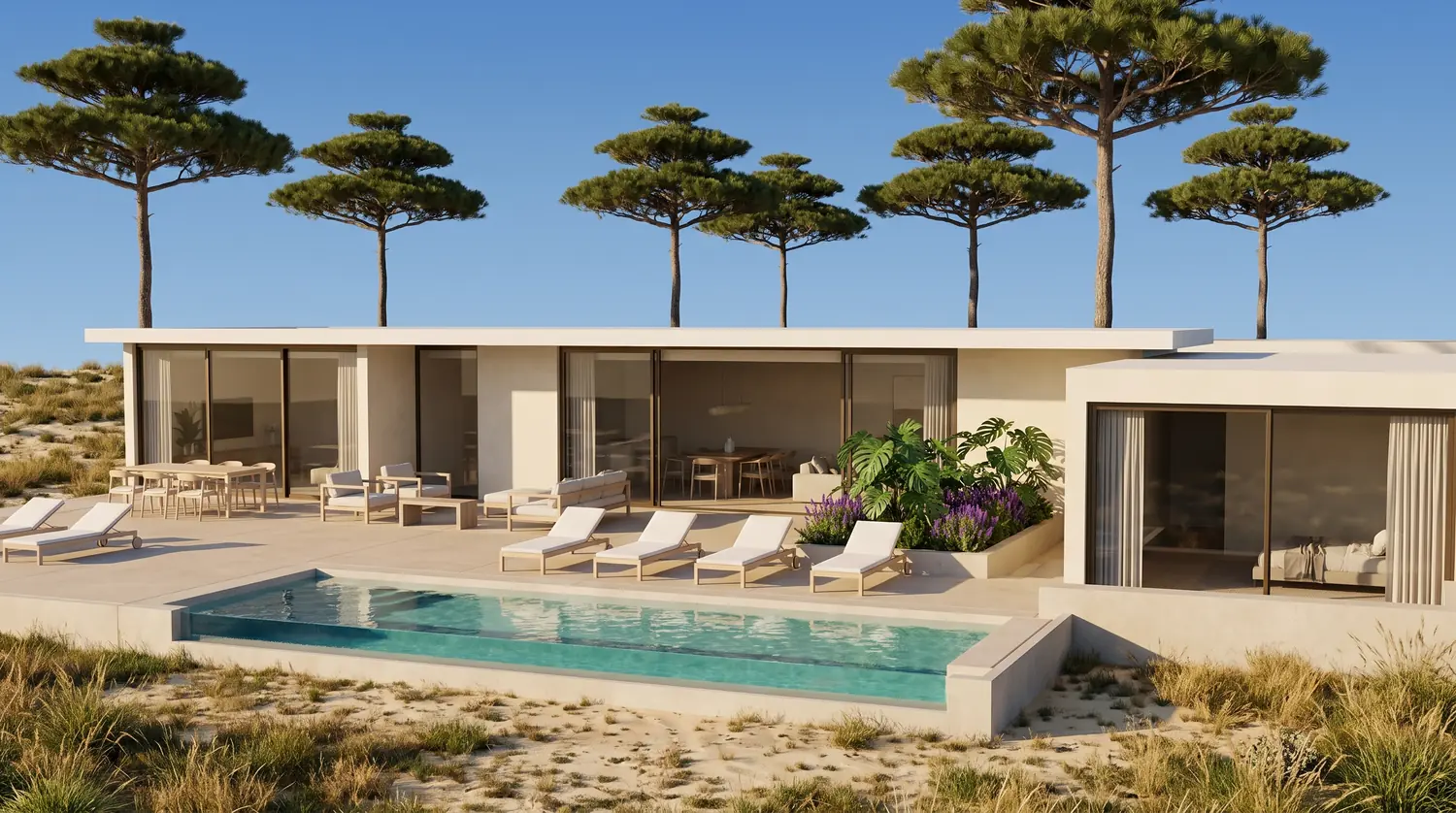 Render de la terraza y la piscina, con las dos caras vidriadas del estar abiertas al exterior.